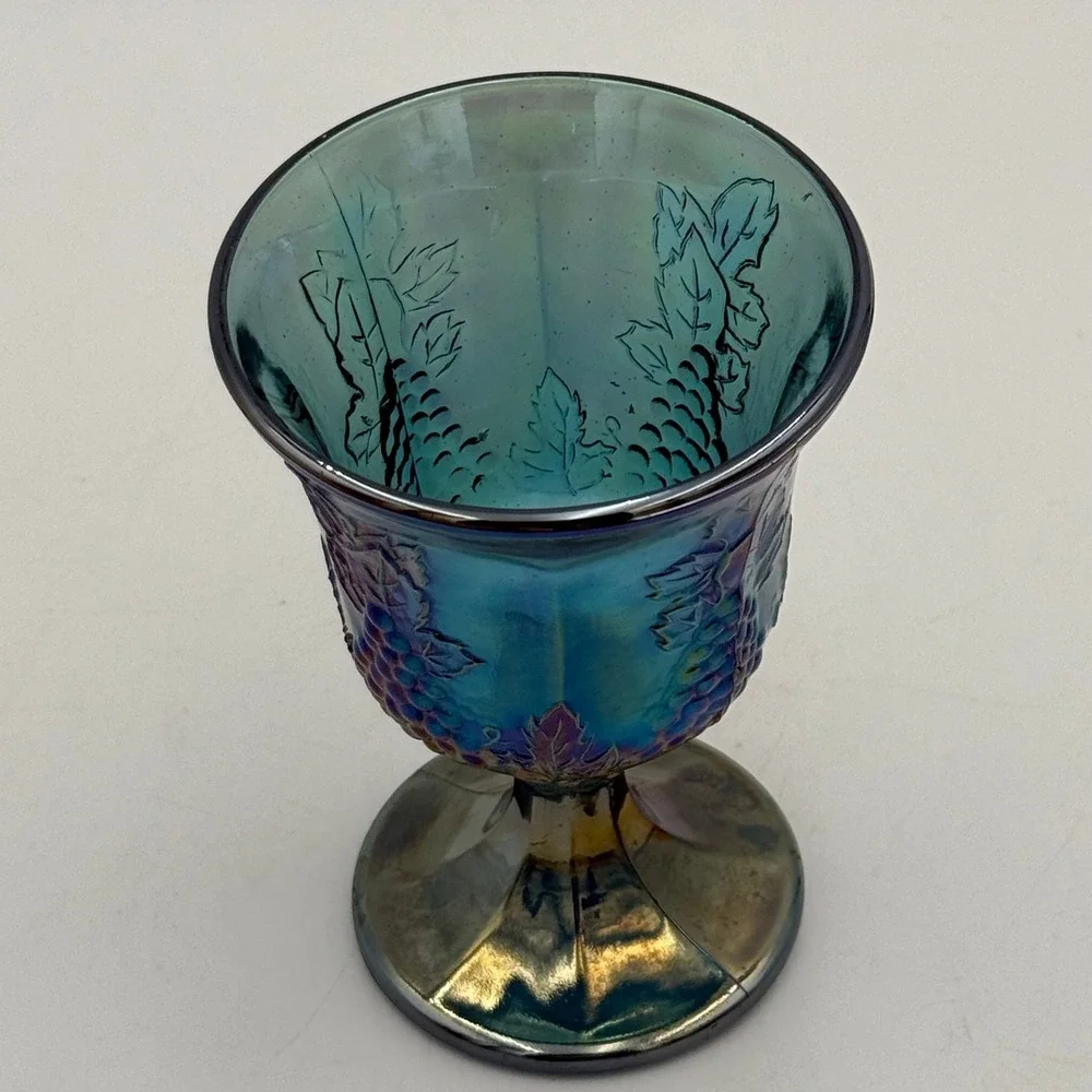 Vintage Blue Carnival Glass Grape Leaf Embossed Goblet Iridescent Water Wine Cup